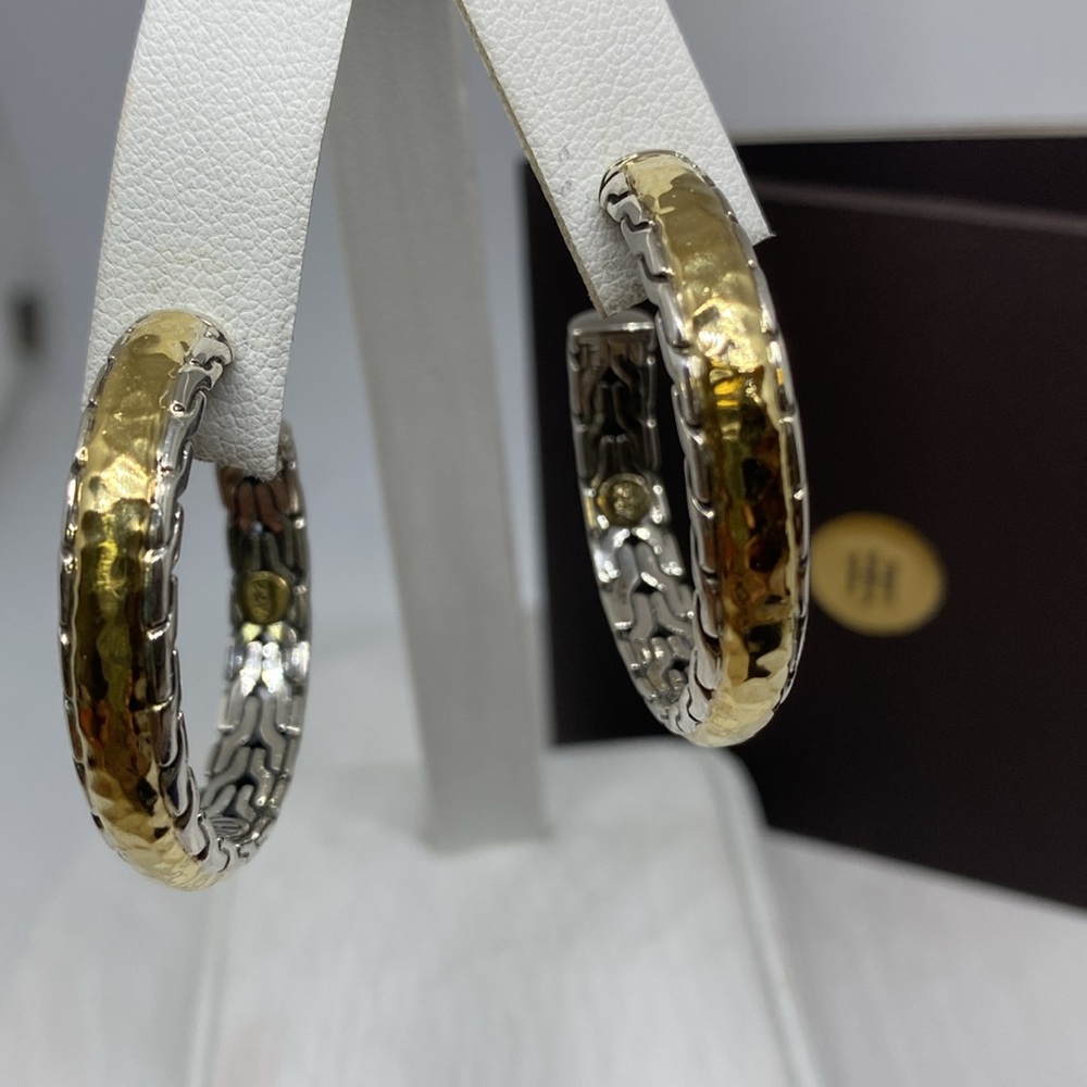 John Hardy Silver 22K Palu Hammered Gold Classic Chain Hoop Earrings